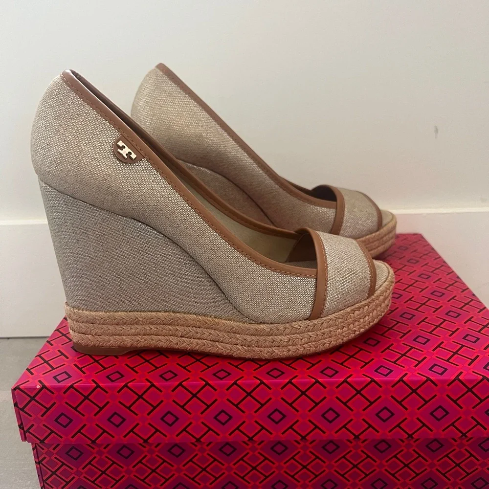 Tory Burch Natural Canvas and Tan Leather Trim Espadrille Wedge